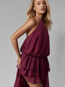 MISSGUIDED Luxury High Neck Ruffle Layered Asymmetric Dress With Tiered Chiffon Detail Party Evening Wedding Guest Special Occasion Maxi Halter Neck Dress - Purple - View 3
