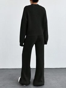 EURMUSE Drop Shoulder Zip Up Cardigan & Knit Pants - Black - View 2