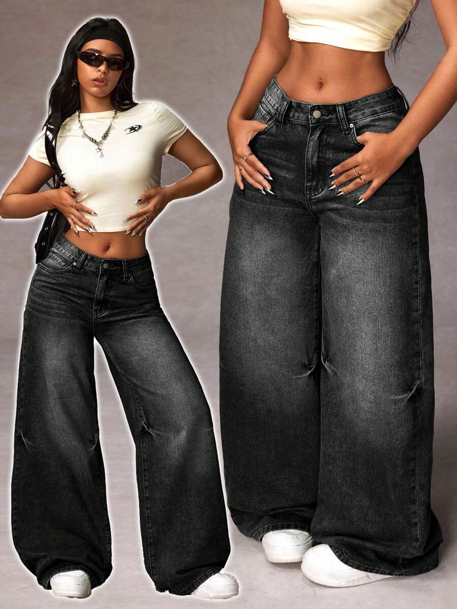 SHEIN Tall 女式休闲水洗低腰阔腿牛仔裤 - 黑色 - 查看 1