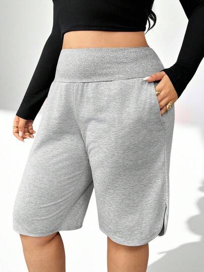 Auralis Athleisure 大码女式灰色口袋休闲健身瑜伽短裤毛衣短裤、冬季女式运动短裤、女式慢跑裤、冬季女式运动服