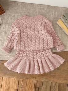 SHEIN LMoss Kids LMoss 女婴 Babygirl 两件套卡其色长袖毛衣和松紧腰荷叶边下摆短裙套装，秋冬