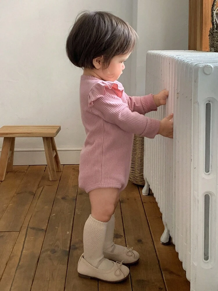 Baby Girls Korean Style Solid Color Long Sleeve Bodysuit Fall,Winter Toddler Girls Clothes