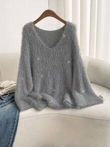 Firerie Plus Size Women's Grey Elegant V-Neck Fuzzy Pullover Sweater High-Elastic Trumpet Sleeve Knitwear Party, Wedding & Casual Commuting, Fall/Winter - Grey - View 5
