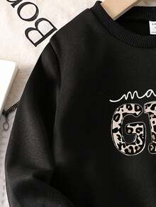 SHEIN 年轻女孩休闲豹纹印花和字母图案宽松圆领运动衫，秋季