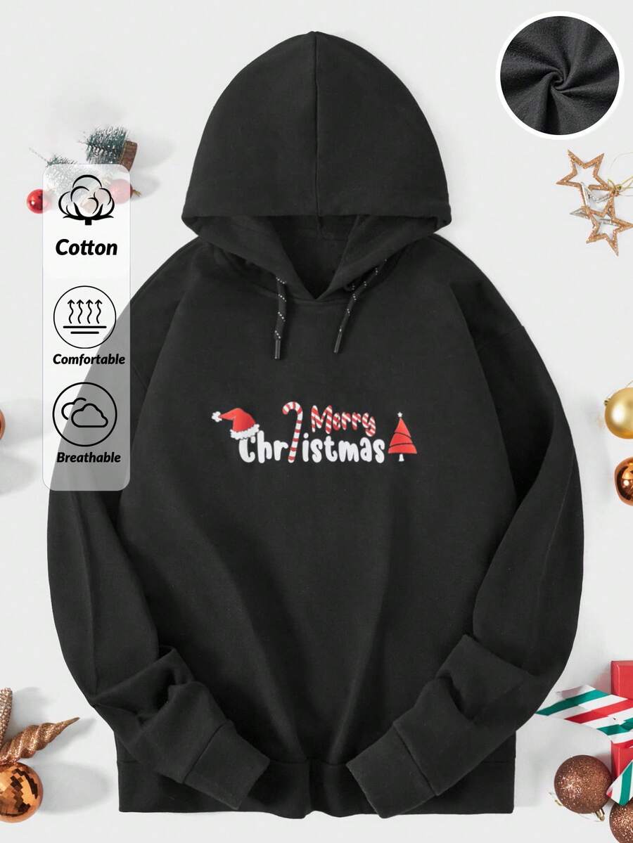 RueChic Cotton Men 1pc Christmas Print Drawstring Hoodie - Black - View 1