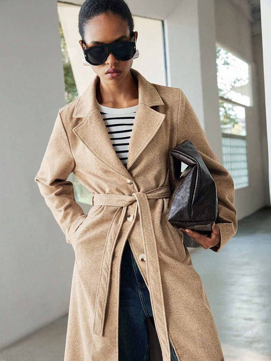 SHEIN Luminelle Áo khoác nữ thời trang cài nút phía trước, cổ xương cá, ve vai thông thường, màu lạc đà - Màu Khaki - Xem 1