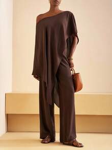 Zivah 2025 秋季新款音乐节、复活节、圣帕特里克节、西部风、游牧风、生日派对、毕业典礼、学院风、学生装、日常休闲、百搭百搭、休闲、邮轮旅行、海滩、日光浴、网络热播、街头潮流、婚礼宾客波西米亚风、通勤、早午餐、机场、派对、节日出游、优雅盛典、女士宽松亚麻不对称肩部斗篷上衣（棕色）和裤子 - 棕色 - 查看 6