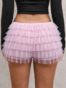 SHEIN SXY 大码女式时尚性感街头风浅粉色短裤，少女波点蕾丝荷叶边低腰迷你短裤，芭蕾舞风格，适合日常穿着、西式服装、邮轮度假、音乐节、演唱会、狂欢派对、海滩度假、约会之夜、生日、单身派对、夜店、可爱休闲、购物、街头风、外出等场合，易于搭配，显瘦，凸显身材，修饰身形，荷叶边短裤 - 淺粉色 - 查看 2