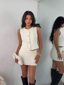 SHEIN EZwear Elegant Winter Clothes Elegant Women's Set Old Money White Woven Fitted Suit For Women, Office Wear Cream Two Piece Set - Apricot - View 6