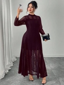 Modelyn Knit Contrast Mesh Sheer Flowy Elegant Romantic Fashion Dress, Long Sleeve, Black, Plus Size - Red Violet - View 6