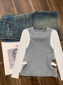 INAWLY Women's Contrast Color Round Neck Long Sleeve Hollow Out Design Casual T-Shirt - Light Grey - View 4