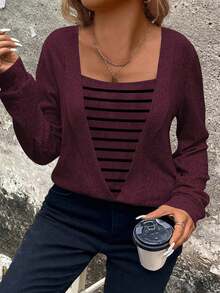 EMERY ROSE Women's Square Collar Striped Deconstructed Sweatshirt, Autumn/Winter - Red Violet - View 3