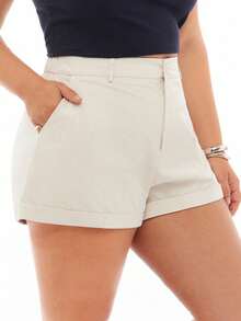 Solavibe Plus Size Solid Color Shorts With Slanted Pockets - Beige - View 4