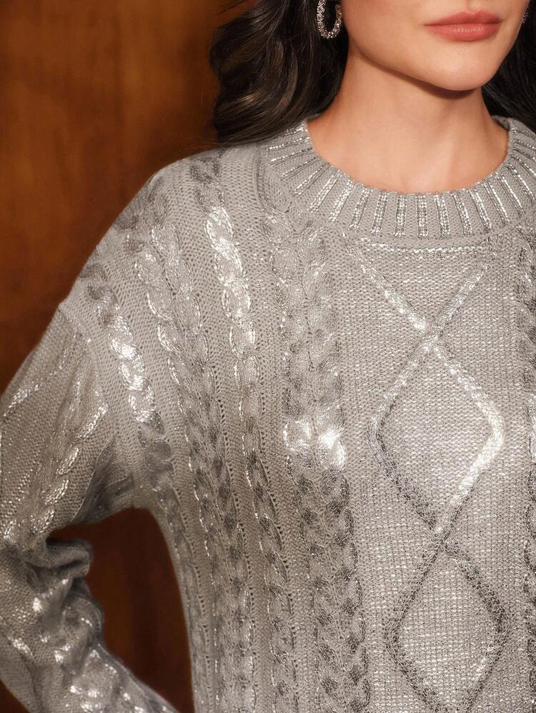 Women's Vintage Elegant Oversized Turtleneck Loose Knit Metallic Foil Sweater, Casual Club Wear, Light Gray Top