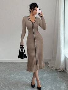 Selianne Elegant Commuter Color Block Trim Fitted Knit Dress - Mocha Brown - View 4