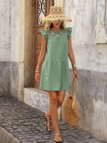 Brillora Floral Embroidery Ruffle Trim Smock Dress - Mint Green - View 4