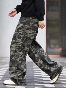 Manfinity LEGND 男士休闲迷彩印花阔腿工装牛仔裤 - 軍綠色 - 查看 6