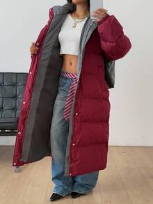 DAZY Hooded Contrast Lining Pocket Thick Long Red Christmas & New Year Padded Coat For Women, Autumn/Winter - Burgundy - View 3