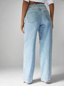 MISSGUIDED 棉质高腰阔腿牛仔裤，腰部抽绳，复古 Y2K 时尚休闲牛仔裤，适合秋冬春季 - 中等水洗藍 - 查看 2