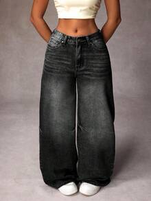 SHEIN Tall 女式休闲水洗低腰阔腿牛仔裤 - 黑色 - 查看 2