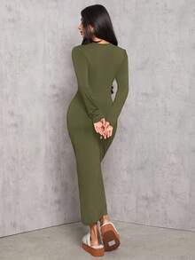 SHEIN PETITE Solid Color Pleated Waist Black Long Sleeve Dress ,Petite Women - Army Green - View 2