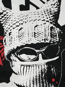 ROMWE MEN Street Life 男士字母与图案印花热衬里休闲连帽蝙蝠袖运动衫，秋冬 - 黑色 - 查看 4