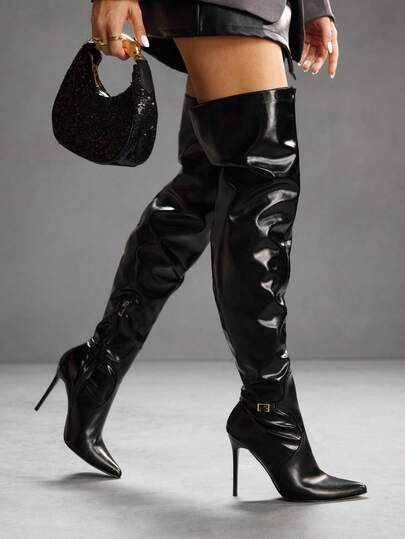 CUCCOO SZL 时尚黑色尖头漆皮踝靴，经典百搭，适合通勤、约会、派对、圣诞节等各种场合。