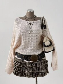 Sunspun Áo len dài tay dáng suông màu trơn khoét lỗ, phong cách Bohemian/Y2K dành cho nữ cỡ lớn, thích hợp cho kỳ nghỉ, phù hợp cho mọi mùa, phong cách Gyaru. - Màu be - Xem 3