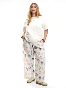 Solavibe Plus Size Comfortable Cotton Ocean Print Loose Straight Drawstring Pants, Suitable For Summer Vacation,Summer Pants - White - View 2