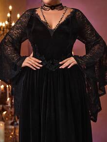 Glamrae Große Größen Herbst und Winter elegantes romantisches luxuriöses Off-Shoulder Spitzen-Splicing koreanisches Samt-Spitzen-Applikations-Design asymmetrisches Rüschen-Trompeten-Langarm-Slim-V-Taille-Abschnitt Oversized A-Linie Plus-Schwanz geeignet für Abendessen, Junggesellinnenabschied, Date, Tanz, Urlaub, Hochzeit, Abendveranstaltung (schweres Modell) Gothic-Stil