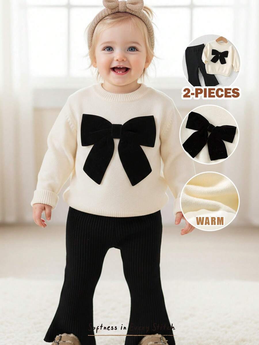 Cozy Pixies 2件套女婴蝴蝶结装饰圆领长袖毛衣和松紧腰长裤套装 - 杏色 - 查看 1