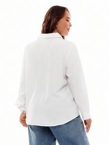 Solavibe 大码女式休闲长袖翻领纽扣衬衫，秋季时尚白衬衫 - 白色 - 查看 2