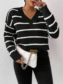 SHEIN Frenchy Black White V Neck Striped Pattern Drop Shoulder Sweater Autumn Winter Clothes For Women,Fall,Fall Clothes For Women