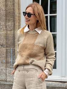 Vivie Lora Women's Plaid Contrast Color Round Neck Loose Fit Long Sleeve Sweater - Khaki - View 6