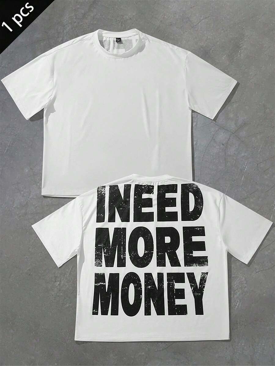 Manfinity EMRG 男士休闲字母印花宽松短款圆领短袖T恤，夏季 - 白色 - 查看 1