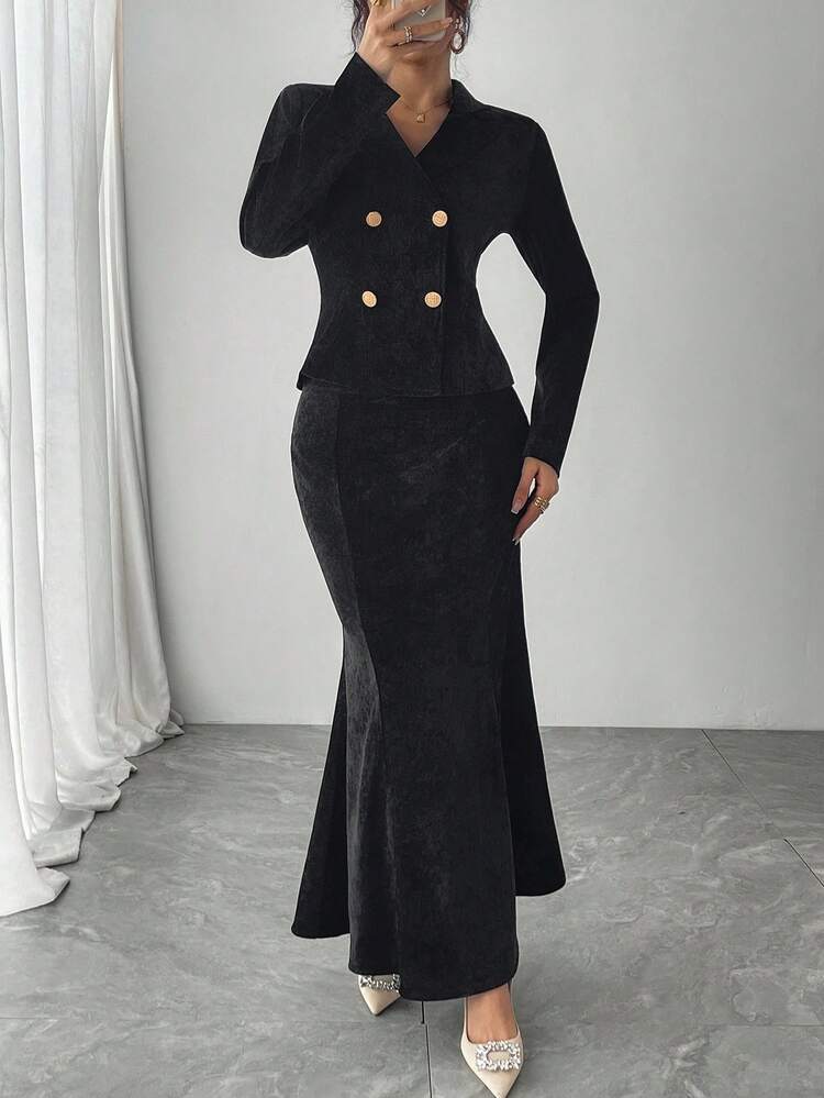 Women's Velvet Collar Waist Cinched Long Sleeve Jacket And Fish Tail Hem Skirt Set, Elegant Party & Casual Wear