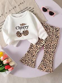 GraphicGems 2pcs/Set Baby Girls Casual Cherry & Leopard Print Cute Sweet Round Neck Long Sleeve Sweatshirt And Leopard Flare Pants Set, Suitable For Autumn/Winter, Halloween, Thanksgiving, Christmas
