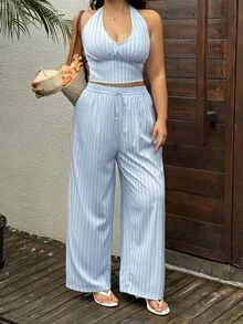 SHEIN Tall Große Größen Träger-Neckholder ärmelloser gestreifter Jumpsuit mit tiefem V-Ausschnitt