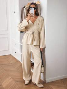 Louniche Women's Solid Color V-Neck Long Sleeve Elegant Top And Pants 2 Pieces Set