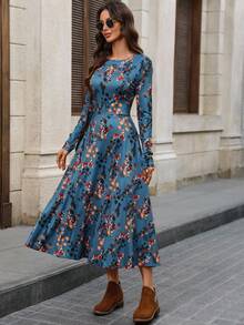 EMERY ROSE Women's Colorful Floral Print Round Neck Long Sleeve Mid-Length Dress