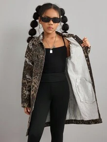 Tween Girls' Y2k Fashion Cool Leopard Print Denim Lapel Long Sleeve Distressed Ripped Long Jacket Fall Winter,For Girls Fall/Winter Dailywear Costume,Girls Streetwear Outfits,Halloween And Christmas Outfits,Girls Winter Jacket,Teen Jacket,Winter Clothes