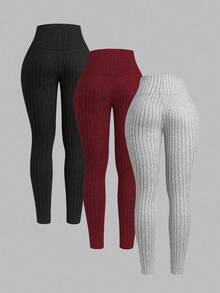 INAWLY 3件套女士纯色罗纹打底裤 - 彩色 - 查看 2