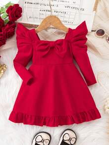 Đầm bé gái tay dài màu đỏ cổ vuông, tay lỡ, viền bèo nhún, thích hợp mặc hàng ngày, trong những dịp bình thường, tiệc tùng sang trọng hoặc tiệc sinh nhật, tiệc Giáng sinh - Đỏ - Xem 2
