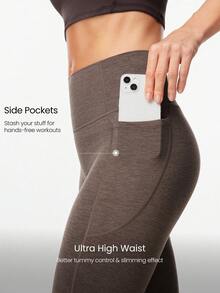 GLOWMODE Leggings de cintura alta sin costura frontal de 26" Softy Velvaire con bolsillos laterales, para yoga de bajo impacto, pilates, uso diario y casual - Marrón - Ver 5