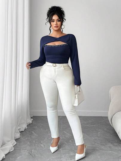 Elenzga Plus Size Women Elegant Hollow Out Long Sleeve T-Shirt, Autumn/Winter Fall