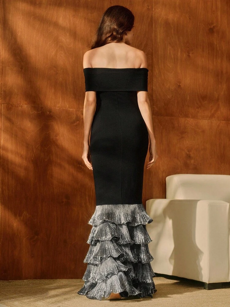 Women's Elegant Gathered Waist Bodycon Off Shoulder Sexy Multi-Layered Ruffle Hem Maxi Black Dress For Party