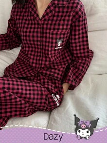 DAZY HELLO KITTY AND FRIENDS | SHEIN 字母卡通图案宽松格子长袖上衣和裤子女士睡衣套装，秋冬服装 - 紅色 - 查看 3