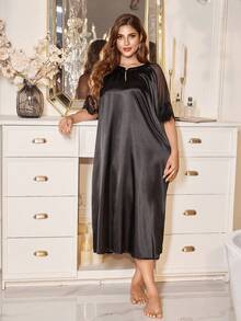 MuseNap CURVE Elegant Mesh & Satin Patchwork Hollow Back Lace Plus Size Nightgown - Black - View 3