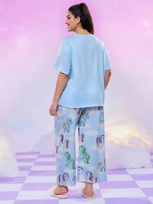 My Little Pony X SHEIN Plus Size Summer Cute Horse Print Round Neck Short Sleeve T-Shirt And Pants Pajama Set
