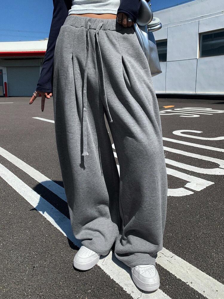 Women's Solid Color Loose Drawstring Barrel Leg Pants, Thermal Lined Thick Casual Sweatpants For Autumn/Winter Women Joggers Y2k